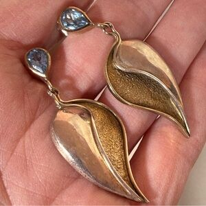 Sterling silver gold blue pear shape gemstone oversized leaf modernist earrings